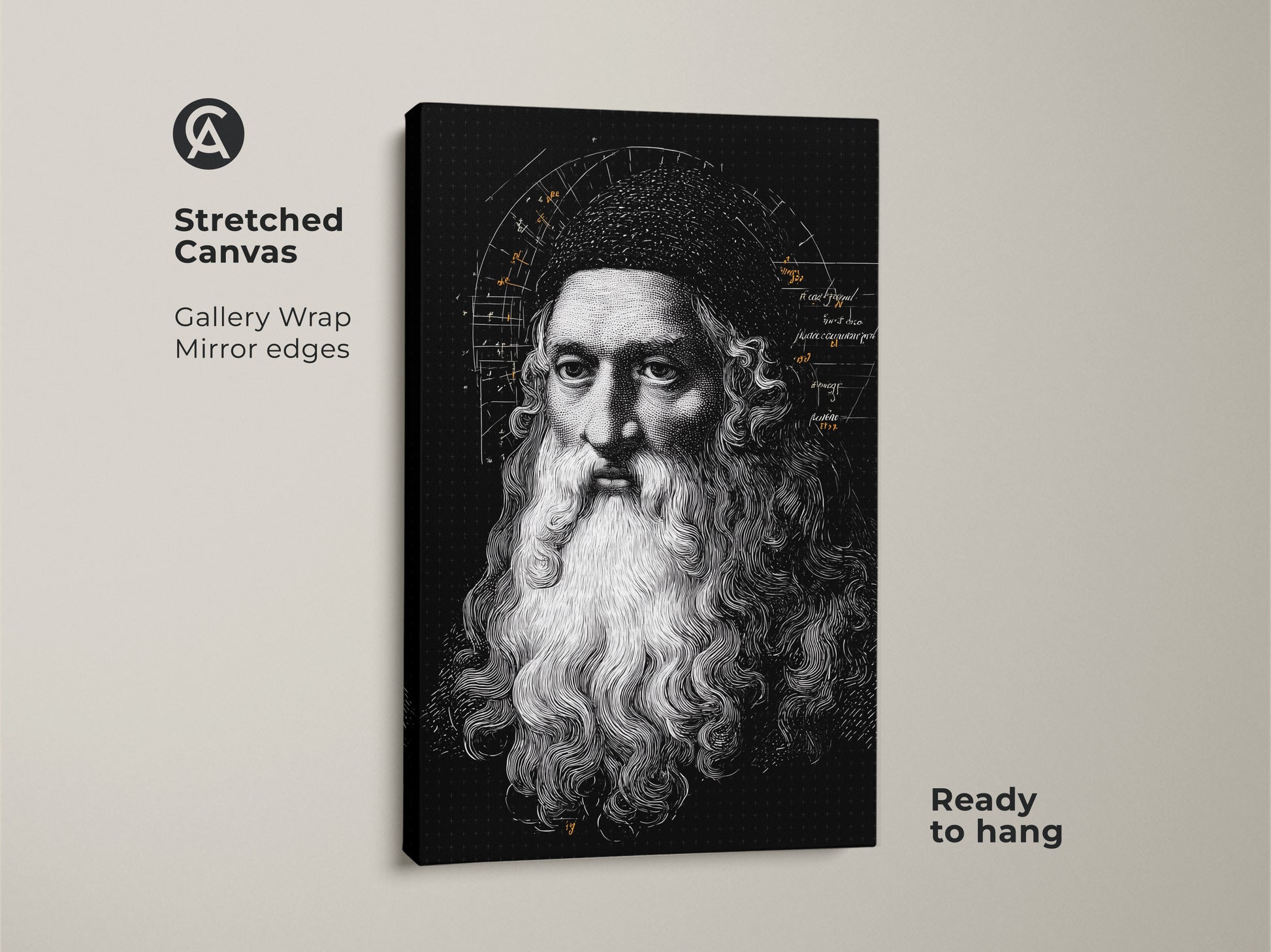 Leonardo da Vinci wall art on stretched canvas. This vintage scientific diagram print is ready to hang. Gallery-wrapped with mirrored edges. The Renaissance portrait canvas adds classic art study decor. Ideal historical figure artwork for an intellectual space.