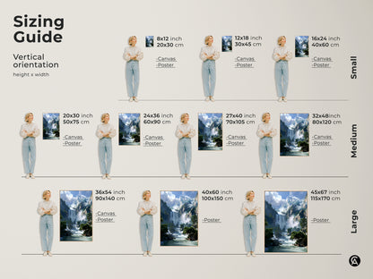 Sizing guide for vertical mountain waterfall art prints. Available as canvas or poster in sizes from 8x12 to 45x67 inches. Find the perfect fit for your space with this rustic nature wall decor.