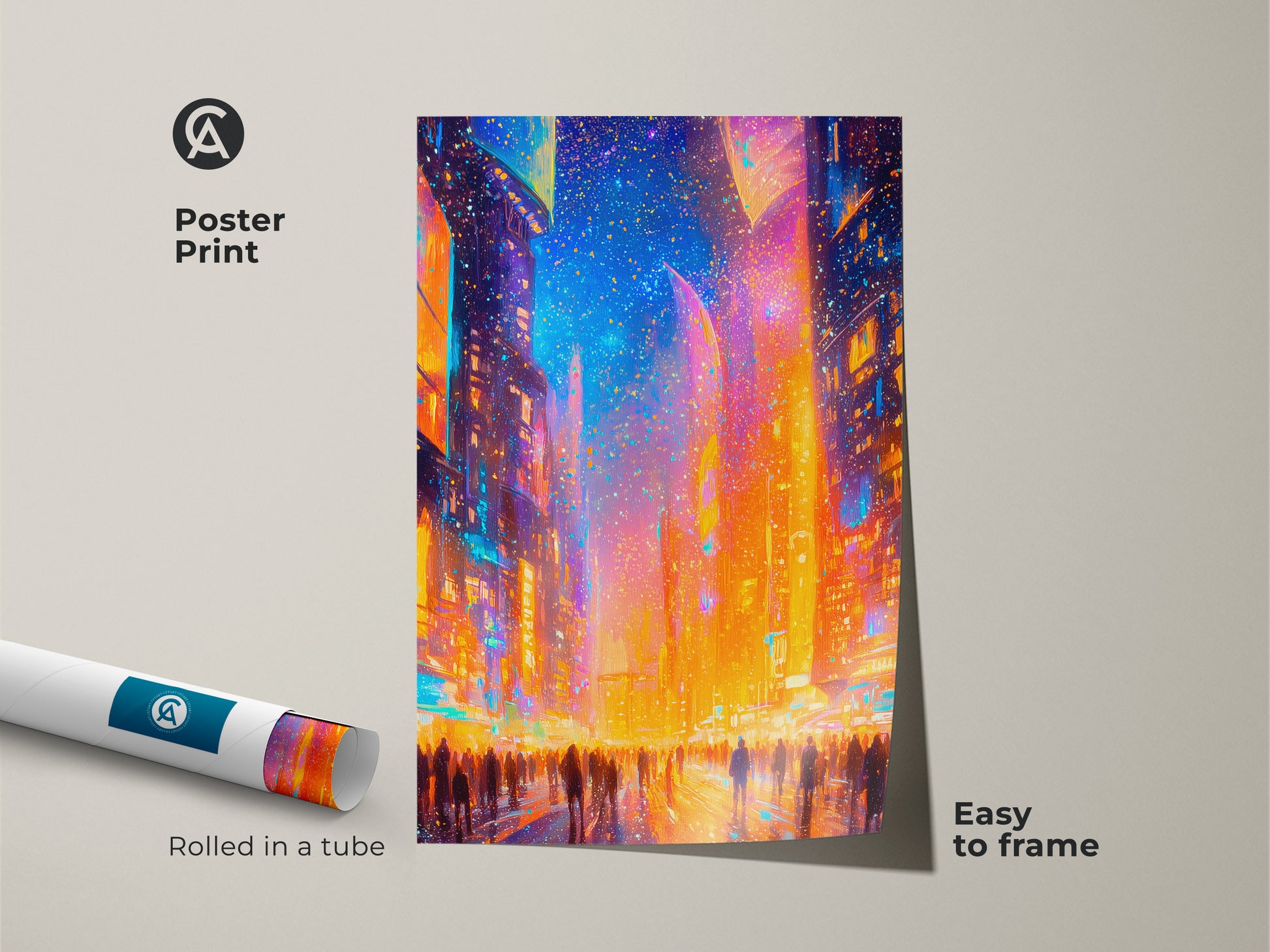 Poster print showcasing a colorful cityscape artwork. The print is rolled in a tube for easy framing. This art poster is a great way to add style to your walls. It is easy to frame and display in any room.