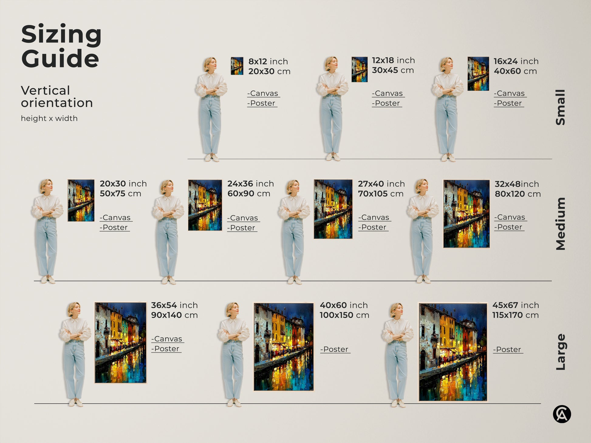 Sizing Guide. Vertical orientation height x width of a Night Cityscape. European canal houses artwork on canvas or poster. This makes a great housewarming gift. The art for wanderlust brings eclectic home decor to any apartment living room.