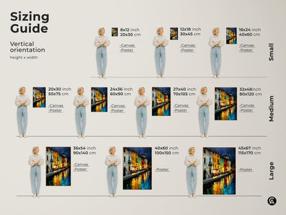 Sizing Guide. Vertical orientation height x width of a Night Cityscape. European canal houses artwork on canvas or poster. This makes a great housewarming gift. The art for wanderlust brings eclectic home decor to any apartment living room.
