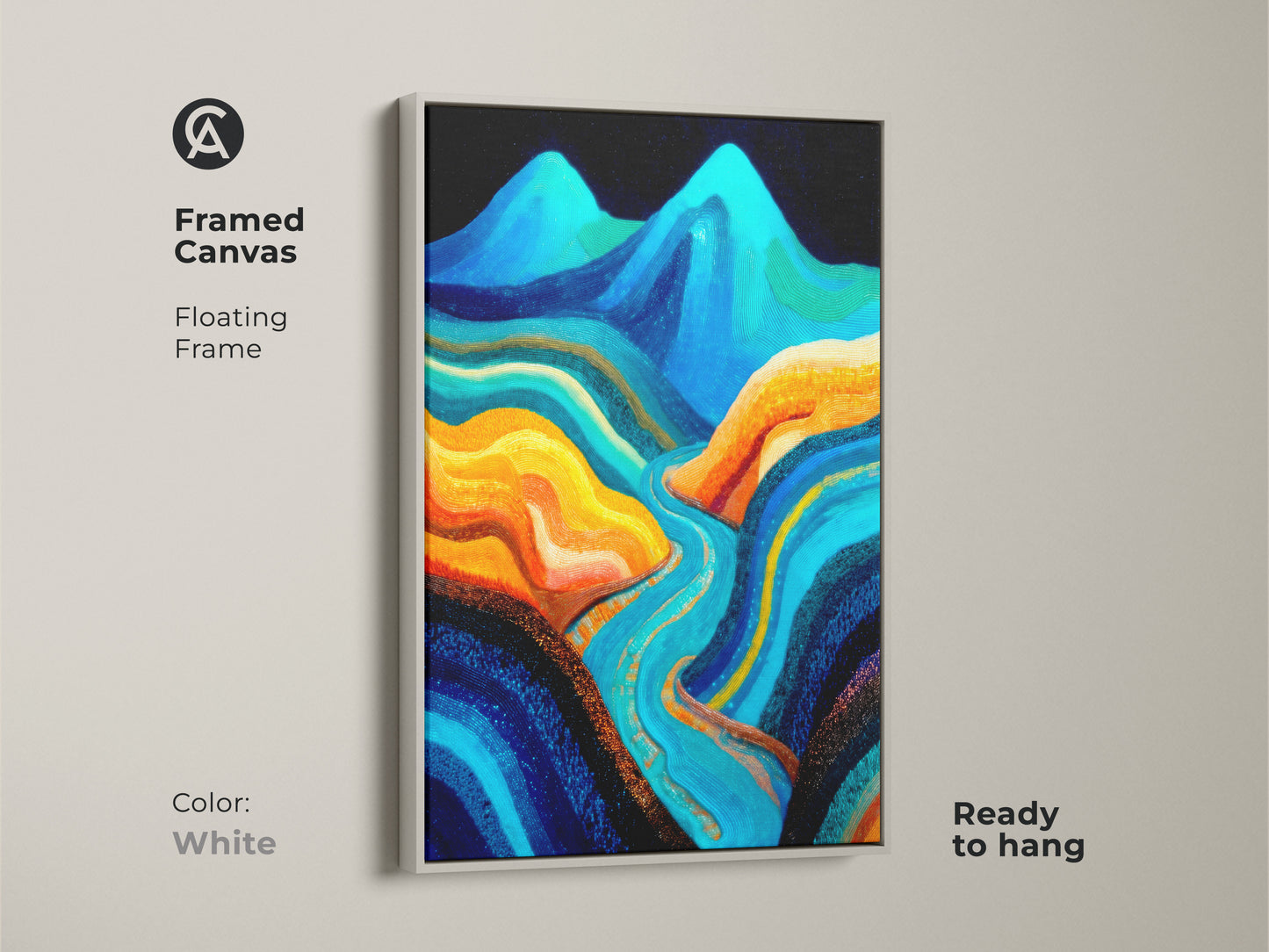 Framed canvas featuring a floating frame in white. The abstract mountain river artwork features deep blue and aqua tones. Ready to hang canvas perfect for modern decor. Enhance your home today.