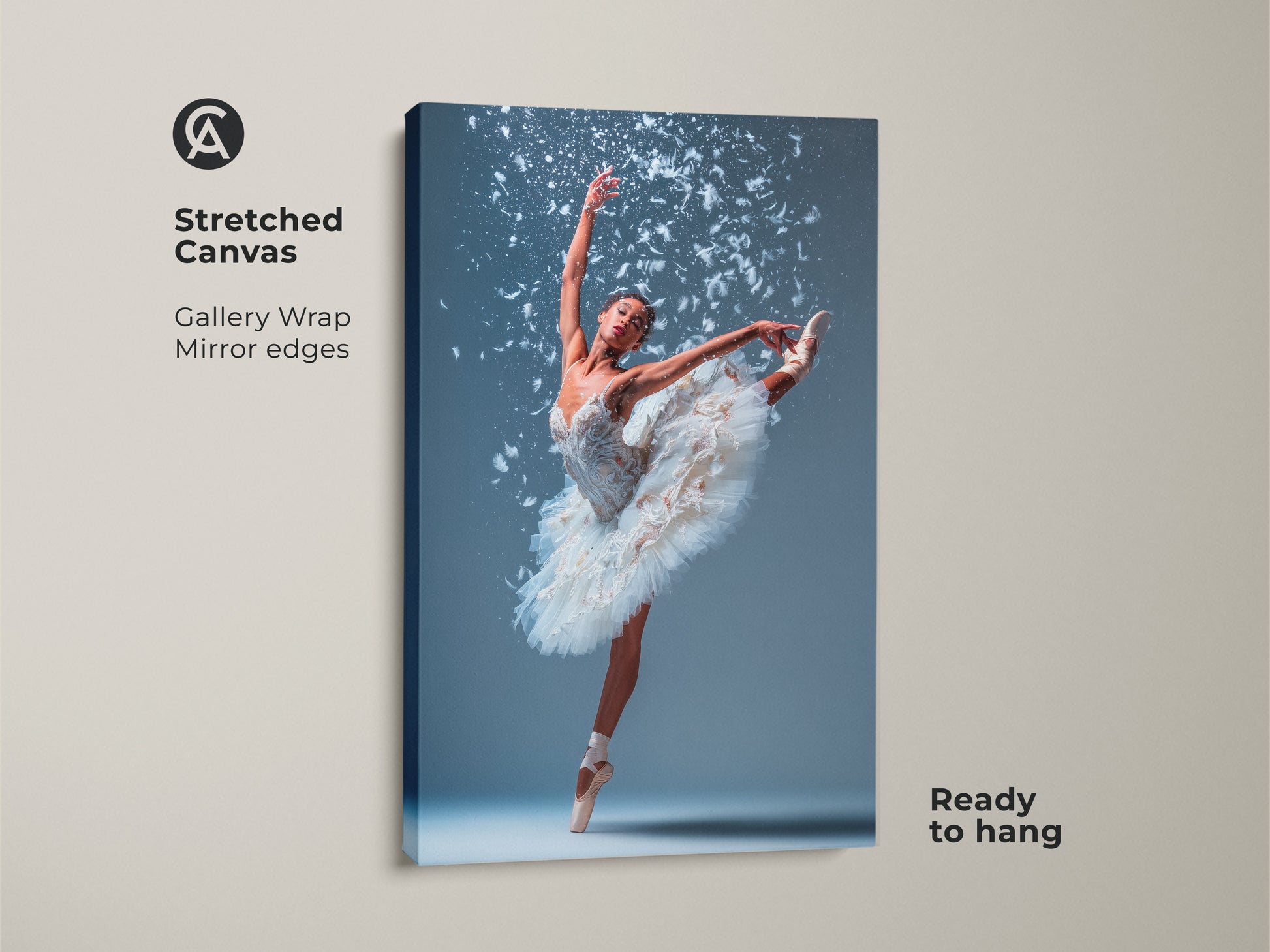 Stretched canvas print of a ballerina. The gallery wrap has mirrored edges. The ballerina is wearing a white tutu. She is en pointe with one leg extended. White feathers surround her. This canvas art is ready to hang.