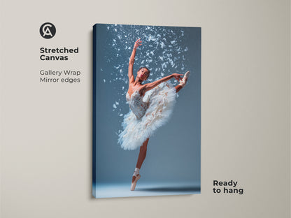 Stretched canvas print of a ballerina. The gallery wrap has mirrored edges. The ballerina is wearing a white tutu. She is en pointe with one leg extended. White feathers surround her. This canvas art is ready to hang.