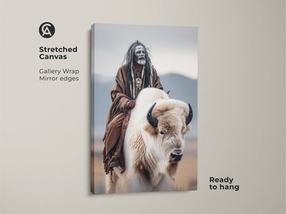 Stretched canvas art of a Native American man riding a white buffalo. The gallery wrap canvas has mirror edges. It is ready to hang and showcases indigenous culture. Ideal for adding a touch of heritage to your home decor. Explore our Native American artwork collection.
