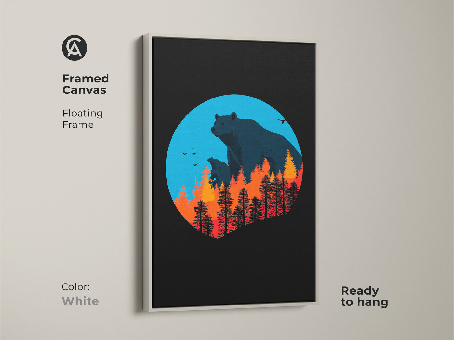 Framed in white a canvas print displays bears in a minimalist forest fire scene. This nature inspired artwork is ready to hang and enhances modern home decor. The blue and orange landscape adds a touch of the wild to your space.