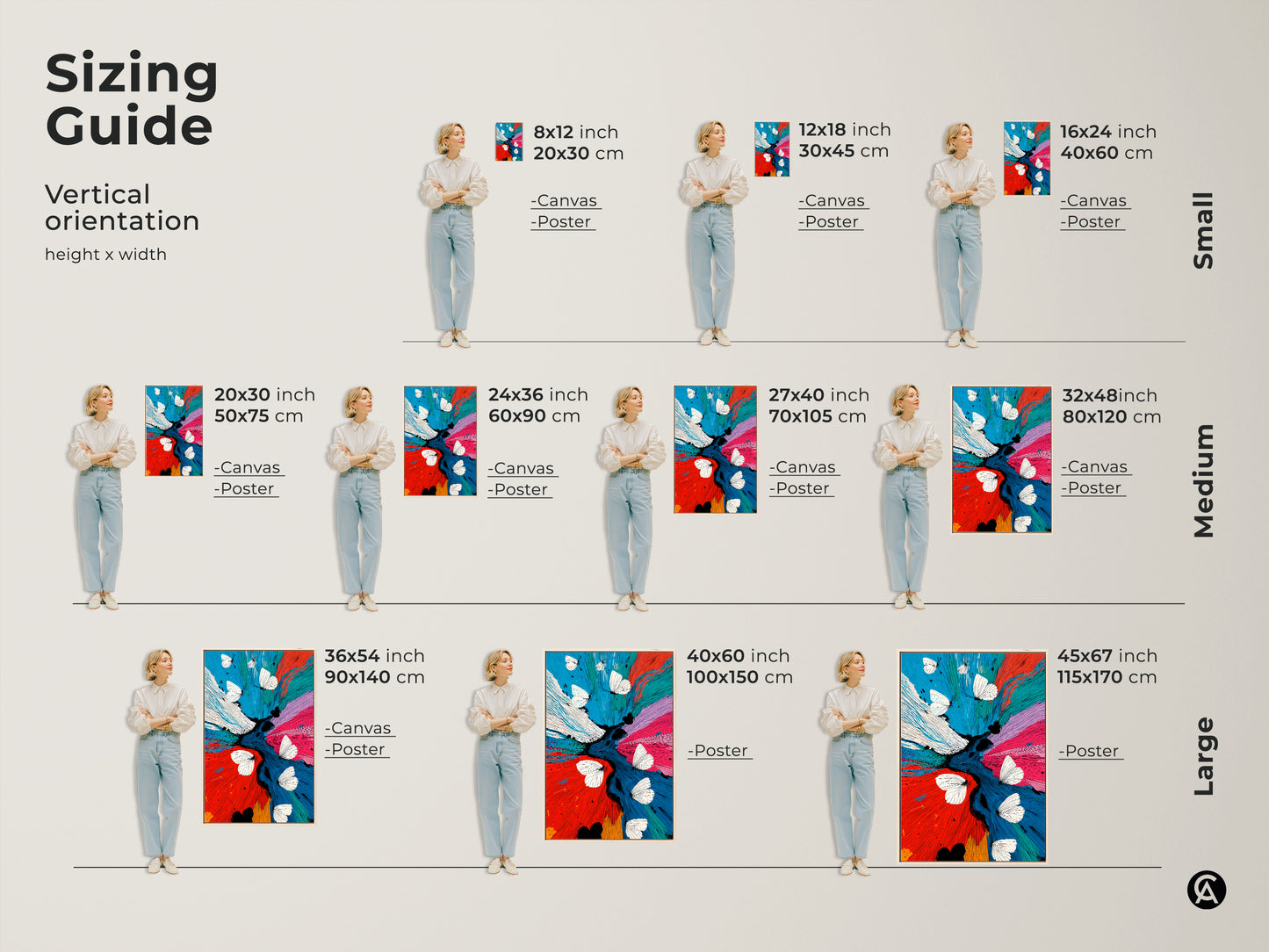 Sizing Guide shows this abstract butterfly art in various dimensions for canvas and poster. The contemporary floral piece uses red blue teal colors. This nature insect artwork fits small to large spaces. The vibrant painting becomes a focal point in any room as eclectic wall decor.