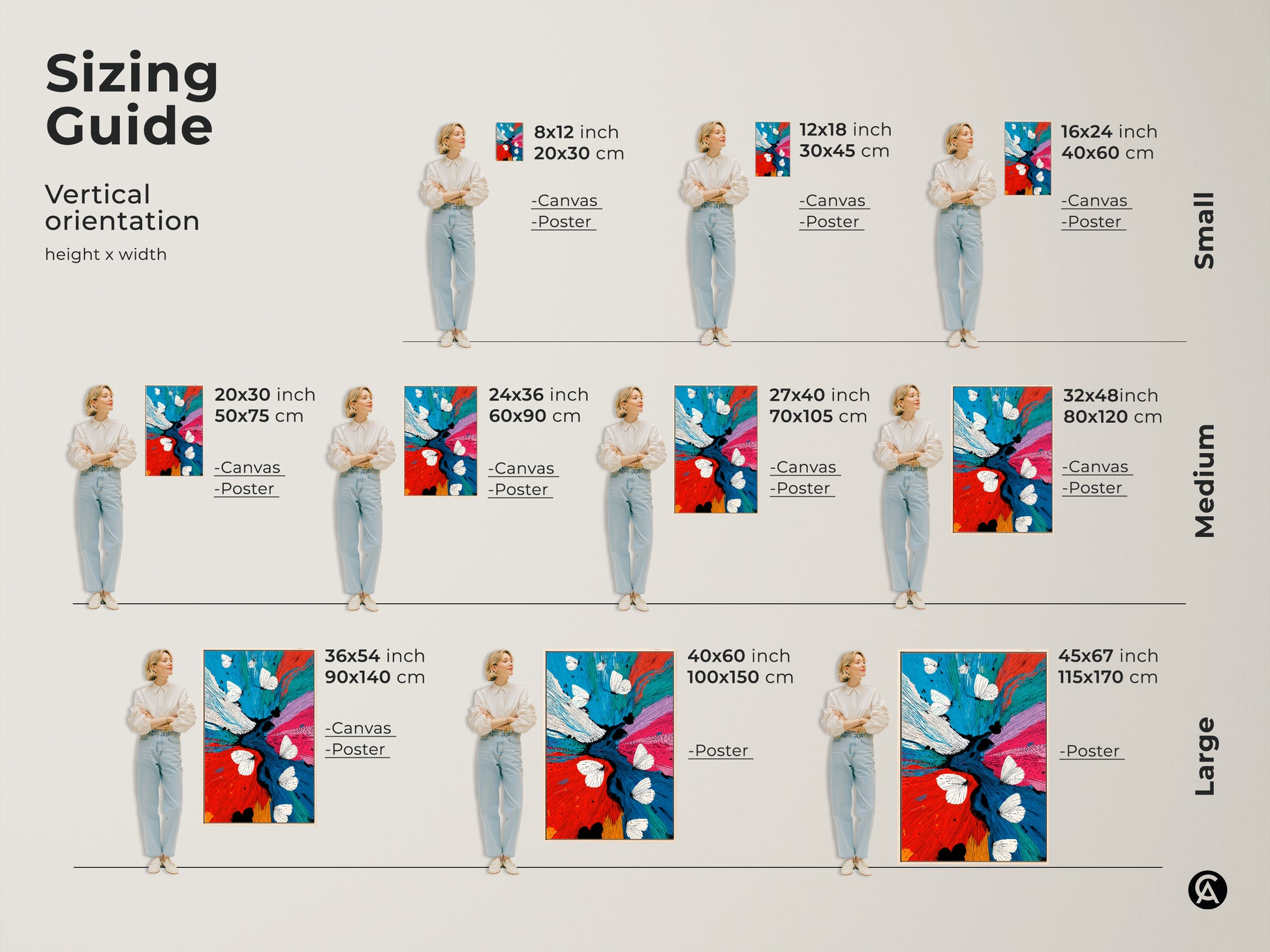 Sizing Guide shows this abstract butterfly art in various dimensions for canvas and poster. The contemporary floral piece uses red blue teal colors. This nature insect artwork fits small to large spaces. The vibrant painting becomes a focal point in any room as eclectic wall decor.