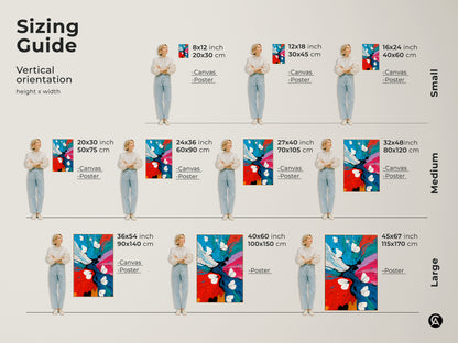 Sizing Guide shows this abstract butterfly art in various dimensions for canvas and poster. The contemporary floral piece uses red blue teal colors. This nature insect artwork fits small to large spaces. The vibrant painting becomes a focal point in any room as eclectic wall decor.