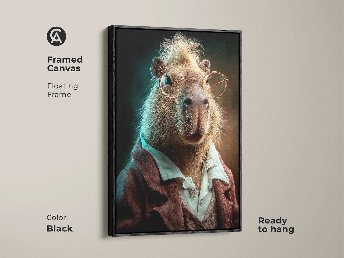 A framed canvas of the funny capybara art print. The brown floating frame showcases eclectic animal wall decor for offices. This is ready to hang as sophisticated art for animal lovers