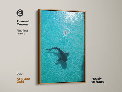 Framed Canvas with an antique gold floating frame featuring an aerial view of a whale shark and swimmer. The turquoise deep blue colors make this a unique coastal artwork. Ready to hang. This marine life wall hanging is perfect for beach houses.