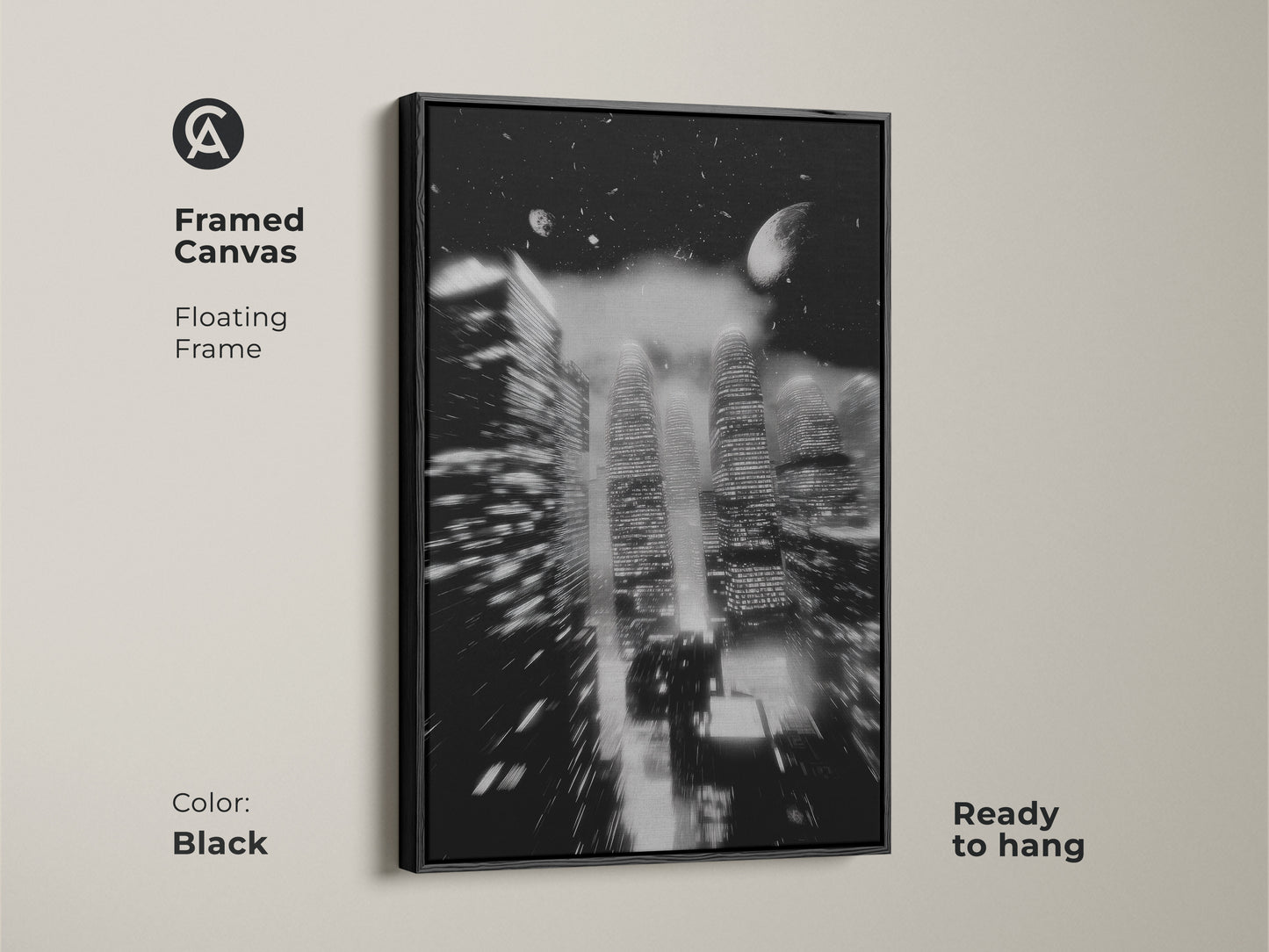 Framed canvas featuring a black floating frame. This abstract night cityscape enhances any space. Ready to hang this monochrome artwork is a modern touch. Perfect urban skyscraper artwork to elevate your home or office decor.