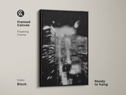 Framed canvas featuring a black floating frame. This abstract night cityscape enhances any space. Ready to hang this monochrome artwork is a modern touch. Perfect urban skyscraper artwork to elevate your home or office decor.