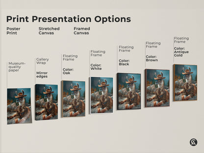 Print presentation options featuring the Cowboy Llama art. The artwork is available as a poster print stretched canvas and framed canvas. The piece can be tailored to fit any space with different frame colors.