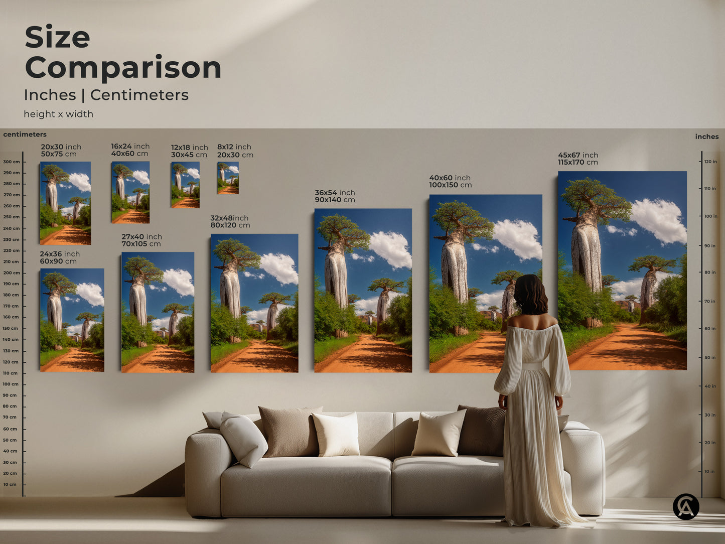 Size comparison of African Baobab tree artwork. Available in inches and centimeters. See how each size fits in a living room. Perfect for boho home decor and travel lovers gifts.