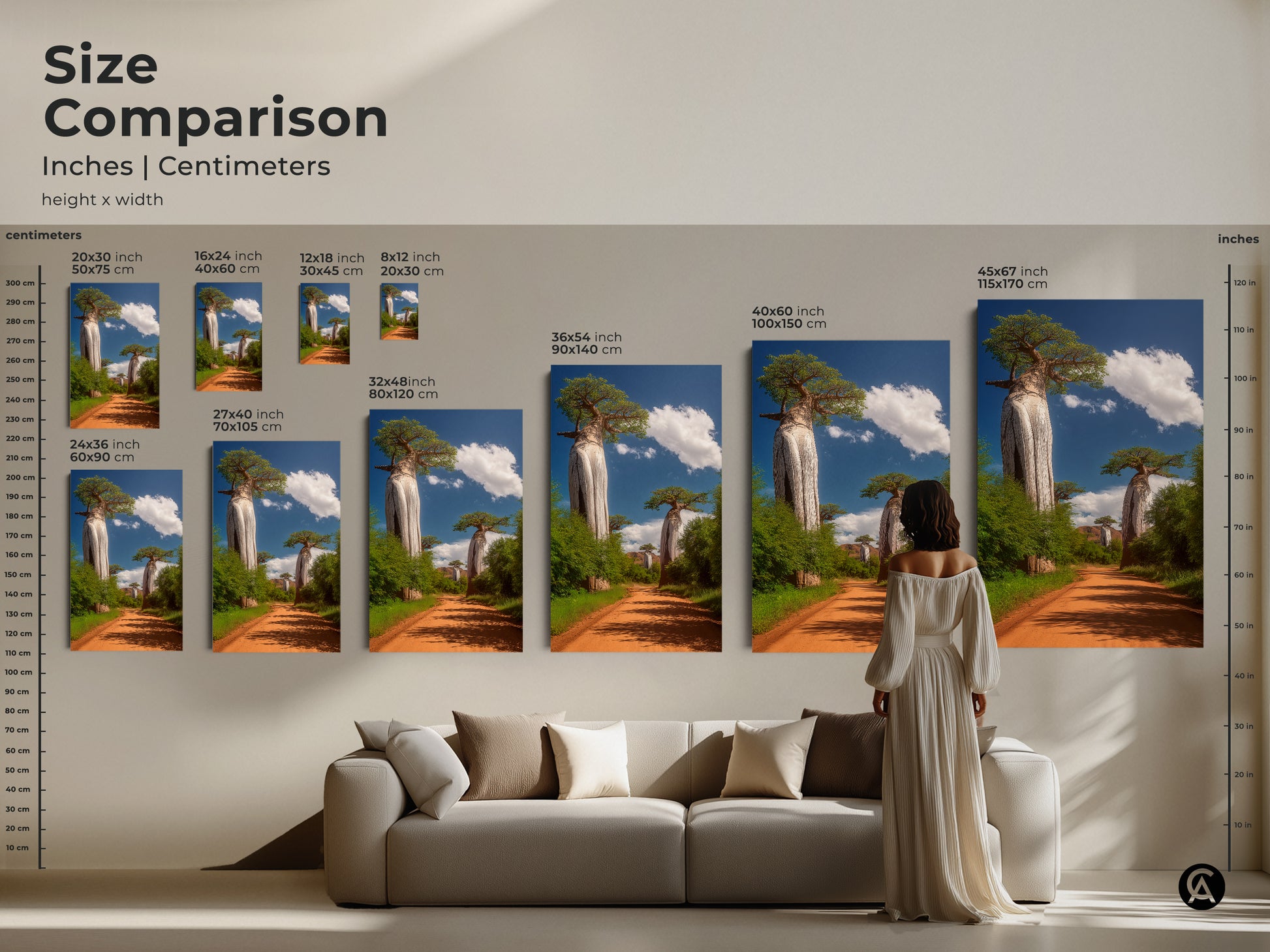 Size comparison of African Baobab tree artwork. Available in inches and centimeters. See how each size fits in a living room. Perfect for boho home decor and travel lovers gifts.