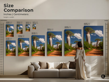 Size comparison of African Baobab tree artwork. Available in inches and centimeters. See how each size fits in a living room. Perfect for boho home decor and travel lovers gifts.