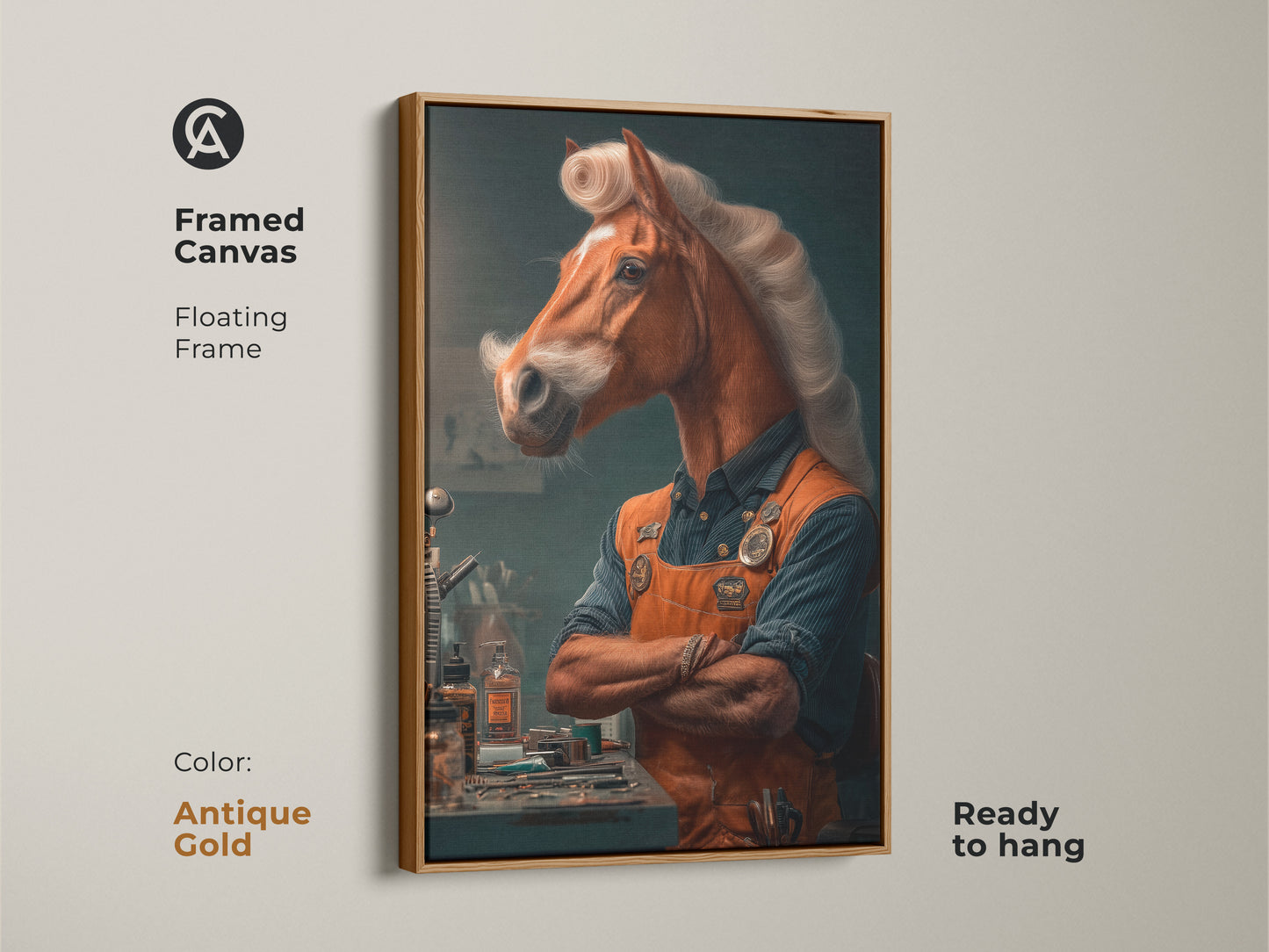 A framed canvas displays a surreal horseman artwork with an antique gold floating frame. The warm tones and craftsman aesthetic make it a stylish addition to any office or study. This animal art is a great gift for horse enthusiasts.