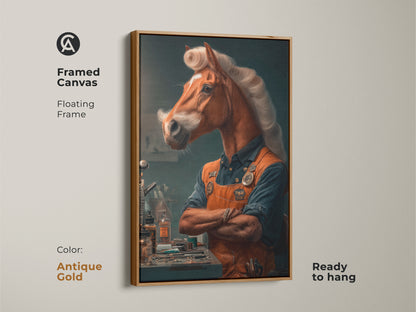 A framed canvas displays a surreal horseman artwork with an antique gold floating frame. The warm tones and craftsman aesthetic make it a stylish addition to any office or study. This animal art is a great gift for horse enthusiasts.