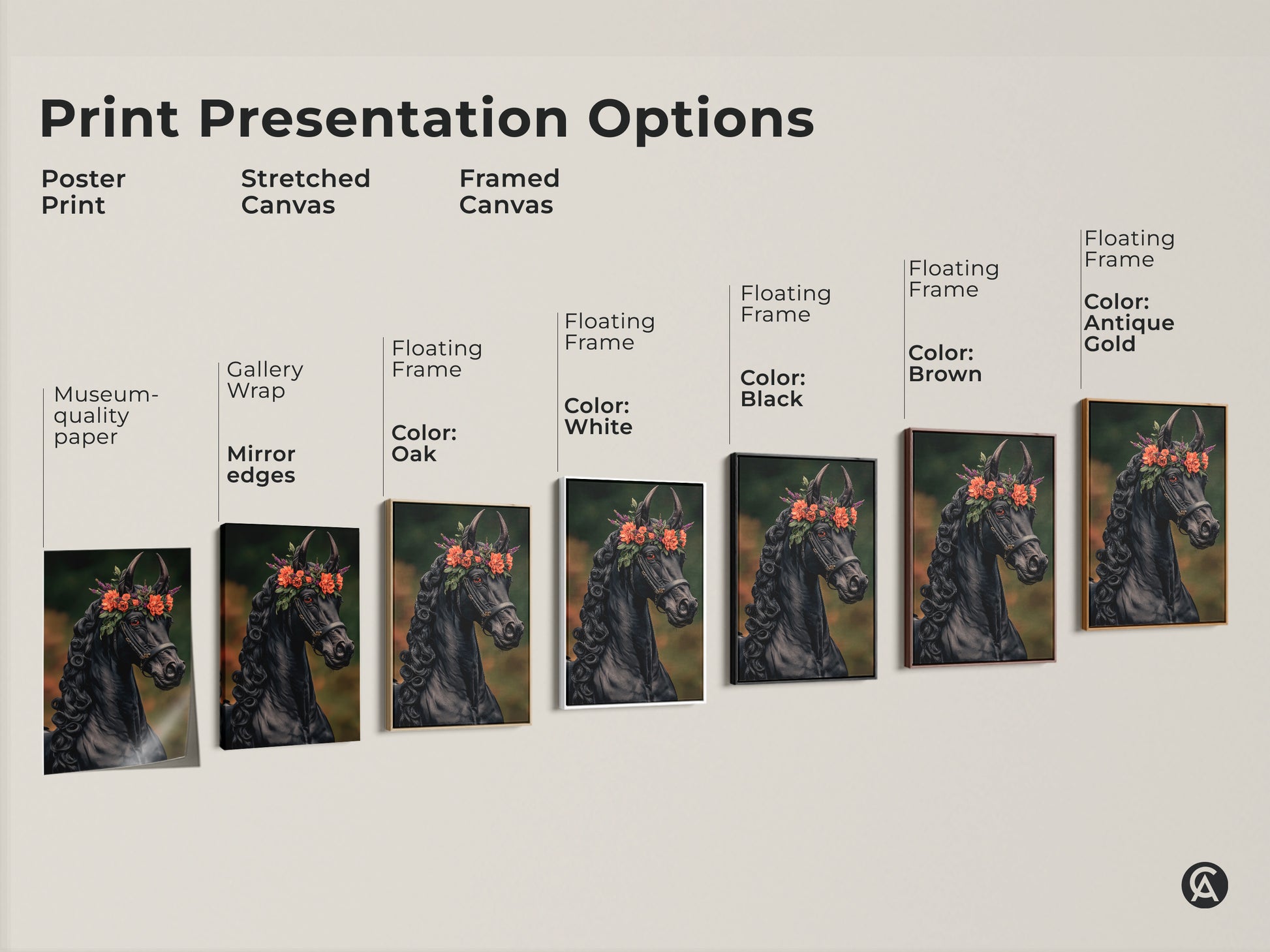 Print presentation options showcase a black horse with flower crown art. Choose from poster prints stretched canvas or framed canvas. Each option brings an element of dark academia to eclectic home decor. These make unique gifts for horse lovers.
