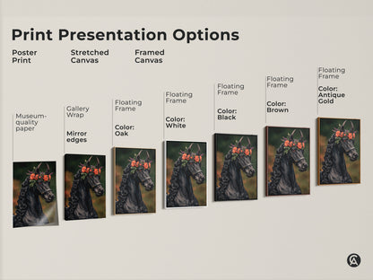 Print presentation options showcase a black horse with flower crown art. Choose from poster prints stretched canvas or framed canvas. Each option brings an element of dark academia to eclectic home decor. These make unique gifts for horse lovers.