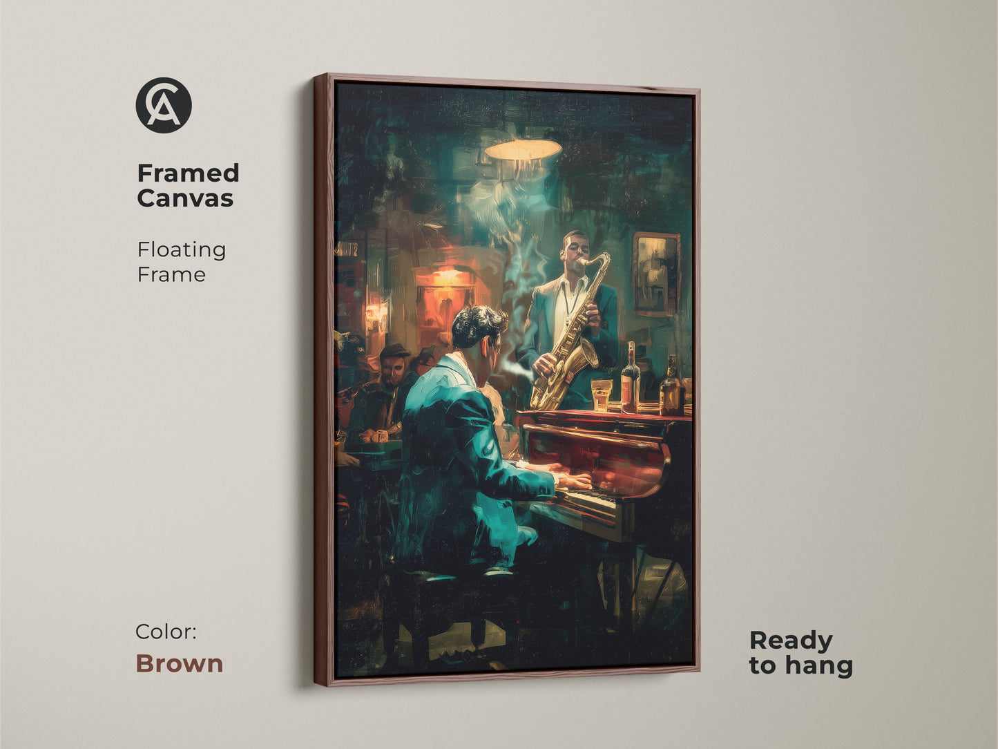 Elevate your decor with this framed canvas artwork. The brown floating frame accentuates the jazz scene with a pianist and saxophonist. This piece is ready to hang and brings a warm musical vibe. Perfect for adding rhythm and elegance to your space.