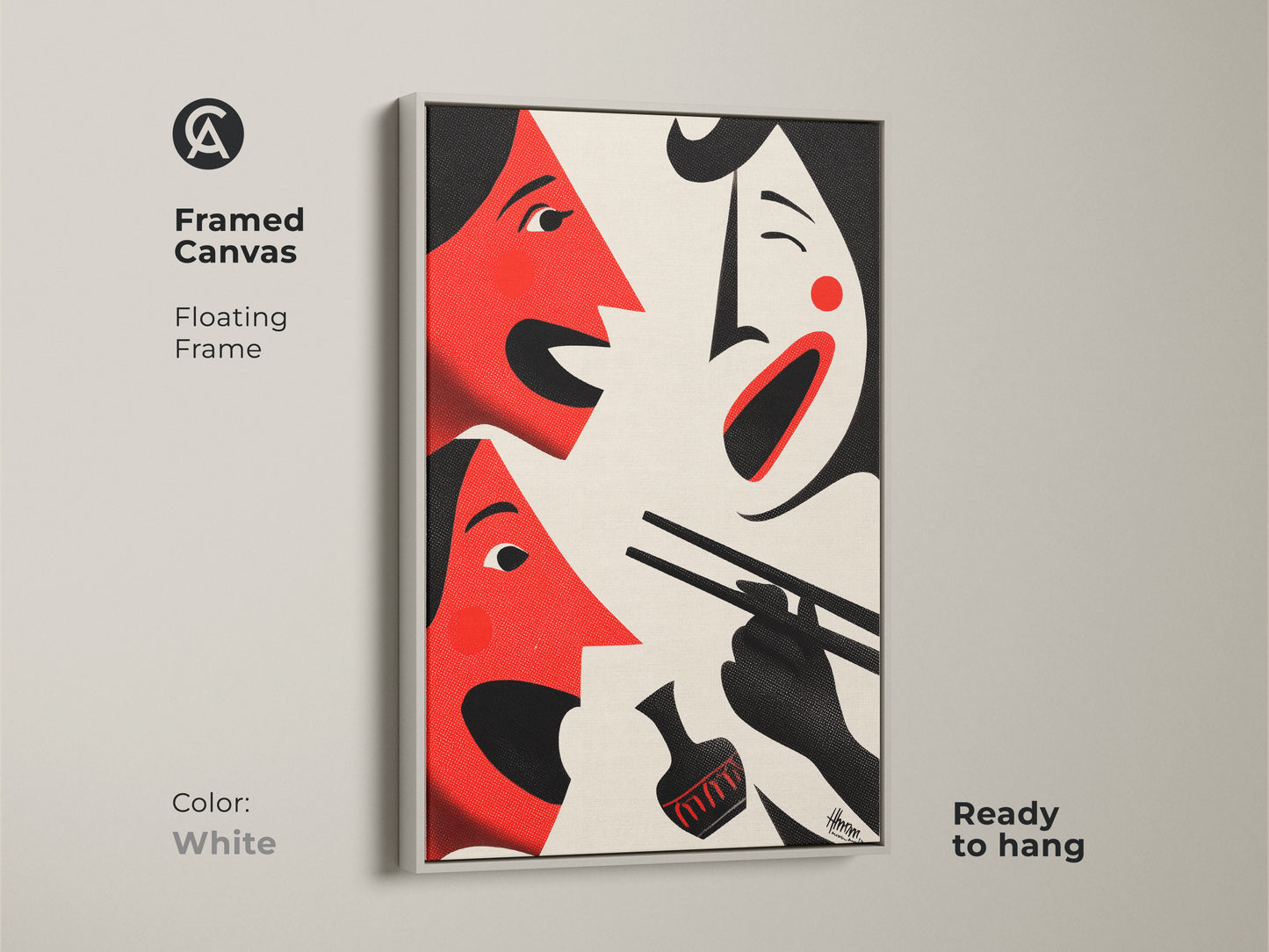Framed canvas displaying red abstract face art. It has a white floating frame ready to hang. This piece adds a clean modern touch to any room. Featuring cream and black this unique artwork makes a great gift. Elevate your dining room decor with this cultural art print now.