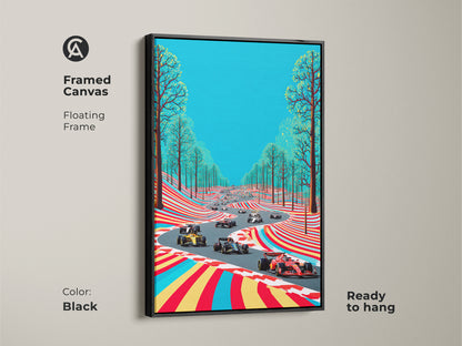 Framed in black this canvas art captures the essence of Formula 1 racing. This floating frame enhances the contemporary abstract race scene. It's ready to hang making it a simple addition to any room. Perfect for motorsport fans seeking unique decor. The vibrant colors bring energy to any office or home.