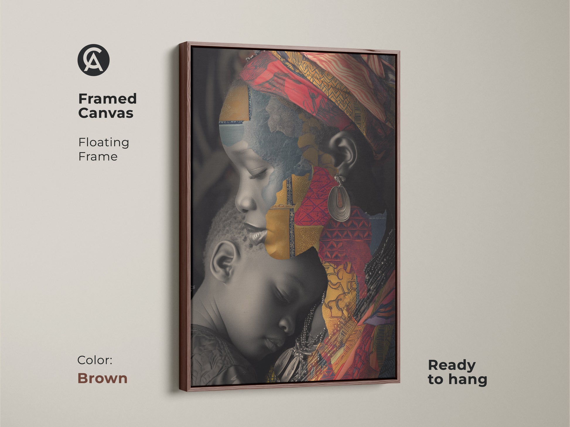 Framed canvas featuring an African Mother and Child cultural collage. The brown floating frame complements the red gold and blue abstract art. This eclectic home decor print is ready to hang as a unique family portrait.