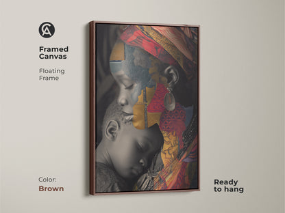 Framed canvas featuring an African Mother and Child cultural collage. The brown floating frame complements the red gold and blue abstract art. This eclectic home decor print is ready to hang as a unique family portrait.