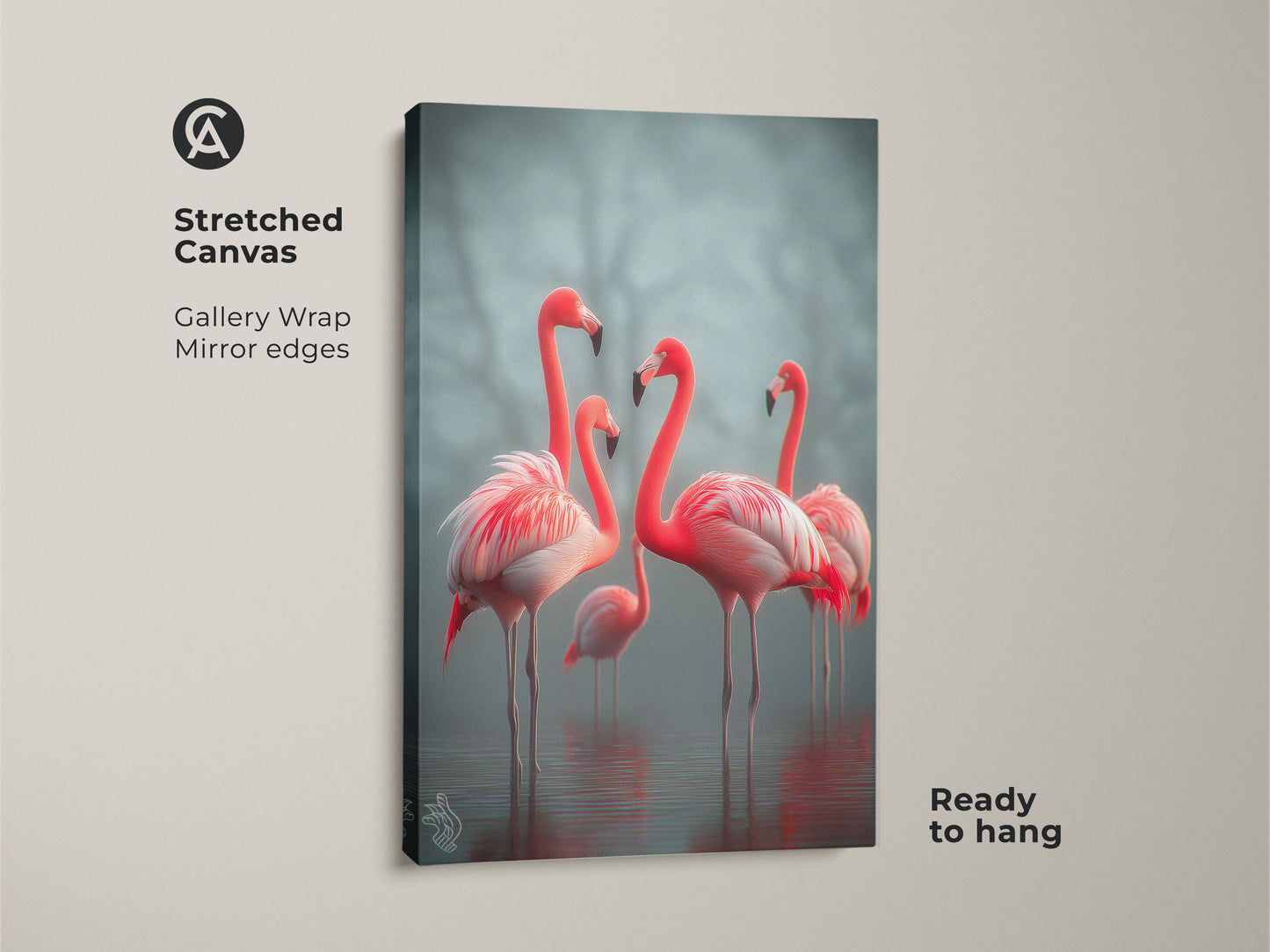 Stretched canvas art featuring a group of coral pink flamingos. This gallery wrap with mirrored edges is ready to hang. The wildlife nature artwork adds a touch of coastal elegance. Ideal for bird lovers this piece enhances any bedroom decor. A beautiful and serene addition to your home.