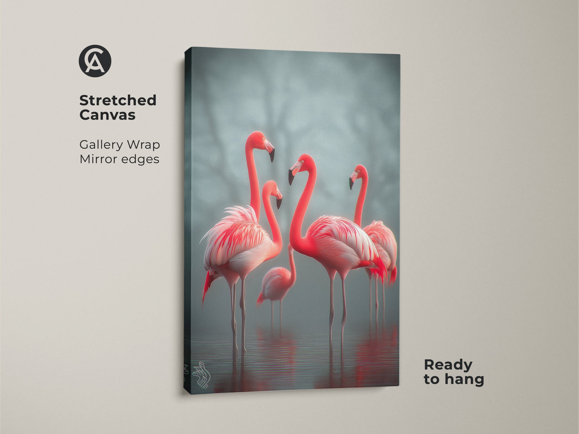Stretched canvas art featuring a group of coral pink flamingos. This gallery wrap with mirrored edges is ready to hang. The wildlife nature artwork adds a touch of coastal elegance. Ideal for bird lovers this piece enhances any bedroom decor. A beautiful and serene addition to your home.