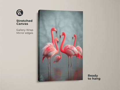 Stretched canvas art featuring a group of coral pink flamingos. This gallery wrap with mirrored edges is ready to hang. The wildlife nature artwork adds a touch of coastal elegance. Ideal for bird lovers this piece enhances any bedroom decor. A beautiful and serene addition to your home.