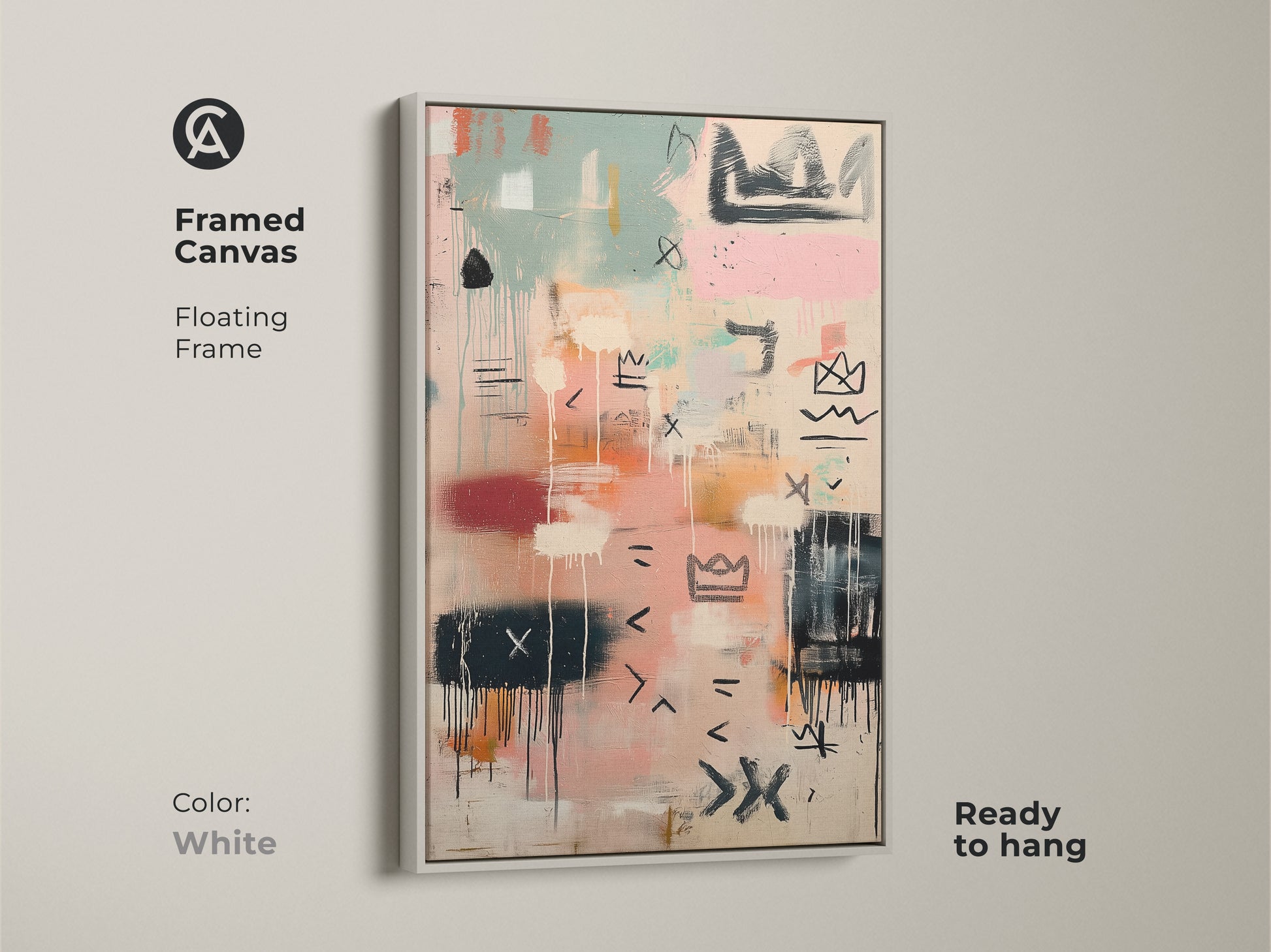 Framed canvas print with a white floating frame. The abstract artwork features a modern composition with pastel colors. Ready to hang this stylish piece complements any decor. Discover framed canvas art now.