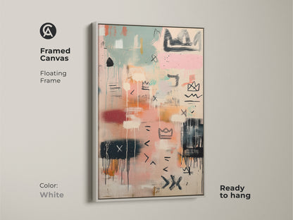 Framed canvas print with a white floating frame. The abstract artwork features a modern composition with pastel colors. Ready to hang this stylish piece complements any decor. Discover framed canvas art now.