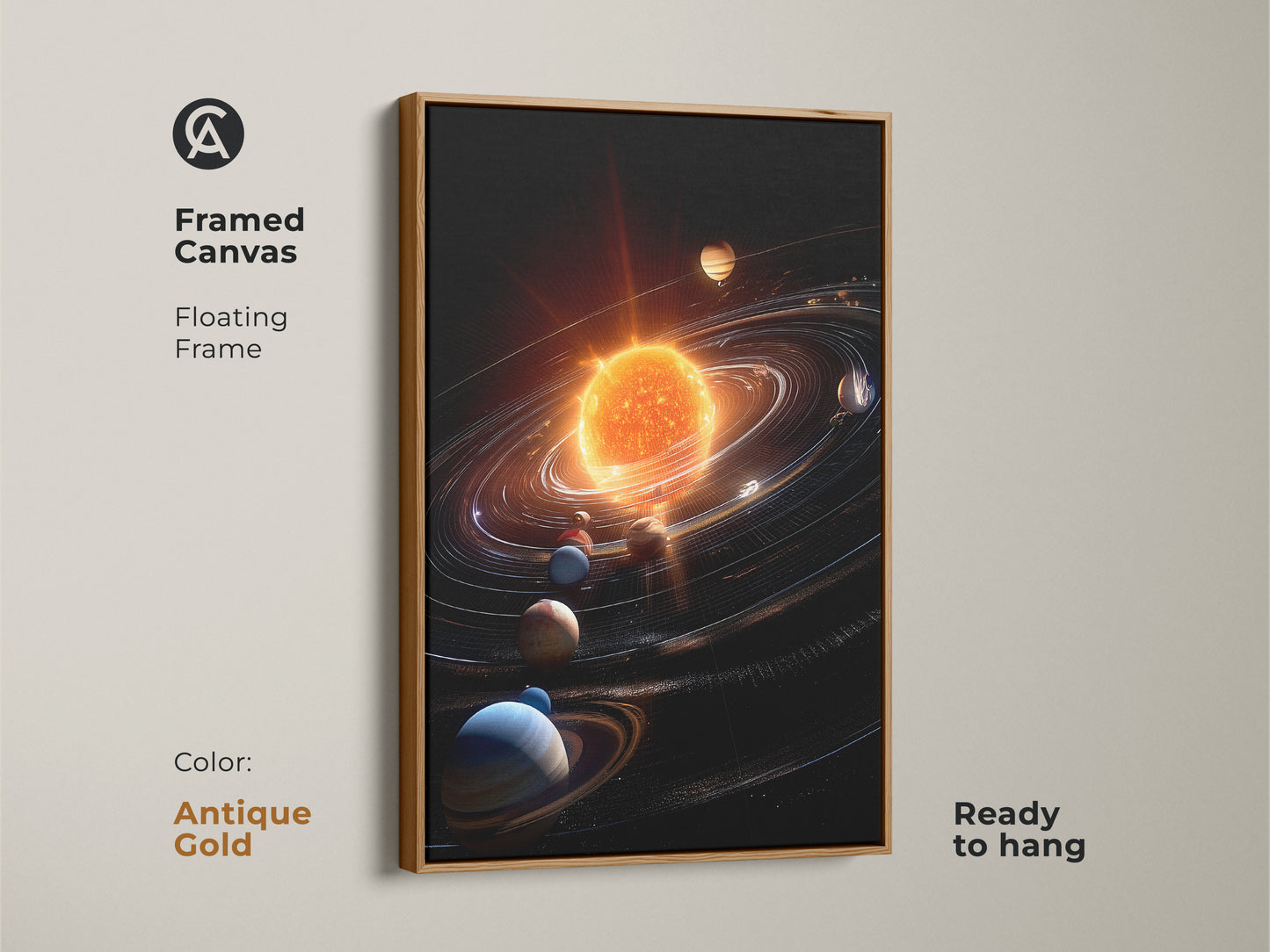 Framed canvas art featuring an antique gold floating frame. The artwork is the solar system. The art is ready to hang. The frame adds elegance to the vibrant sun and planets. Enhance your space with this unique space-themed decor.
