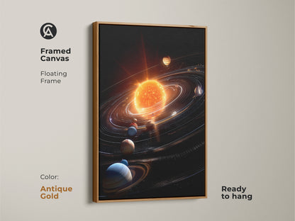 Framed canvas art featuring an antique gold floating frame. The artwork is the solar system. The art is ready to hang. The frame adds elegance to the vibrant sun and planets. Enhance your space with this unique space-themed decor.