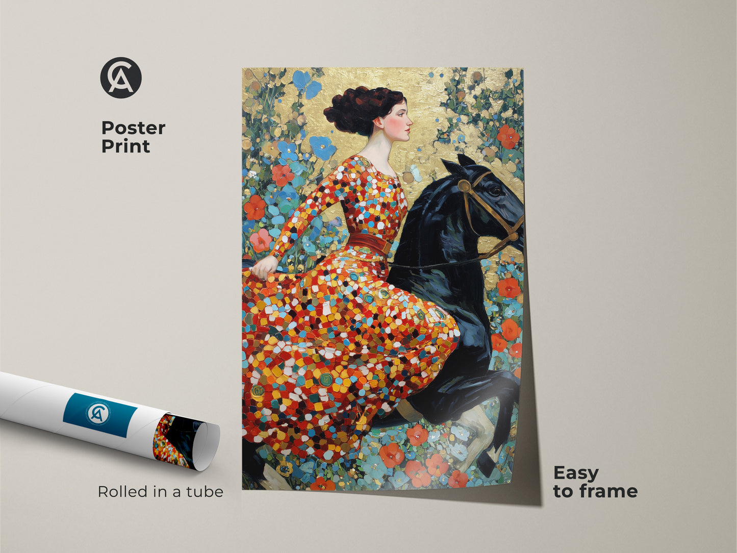 Poster print of an art nouveau woman riding a black horse. The floral art nouveau print features red orange gold tones. This eclectic art lover gift is easy to frame. Add a vintage equestrian art touch to your home decor with this colorful horse art. Rolled in a tube for protection.