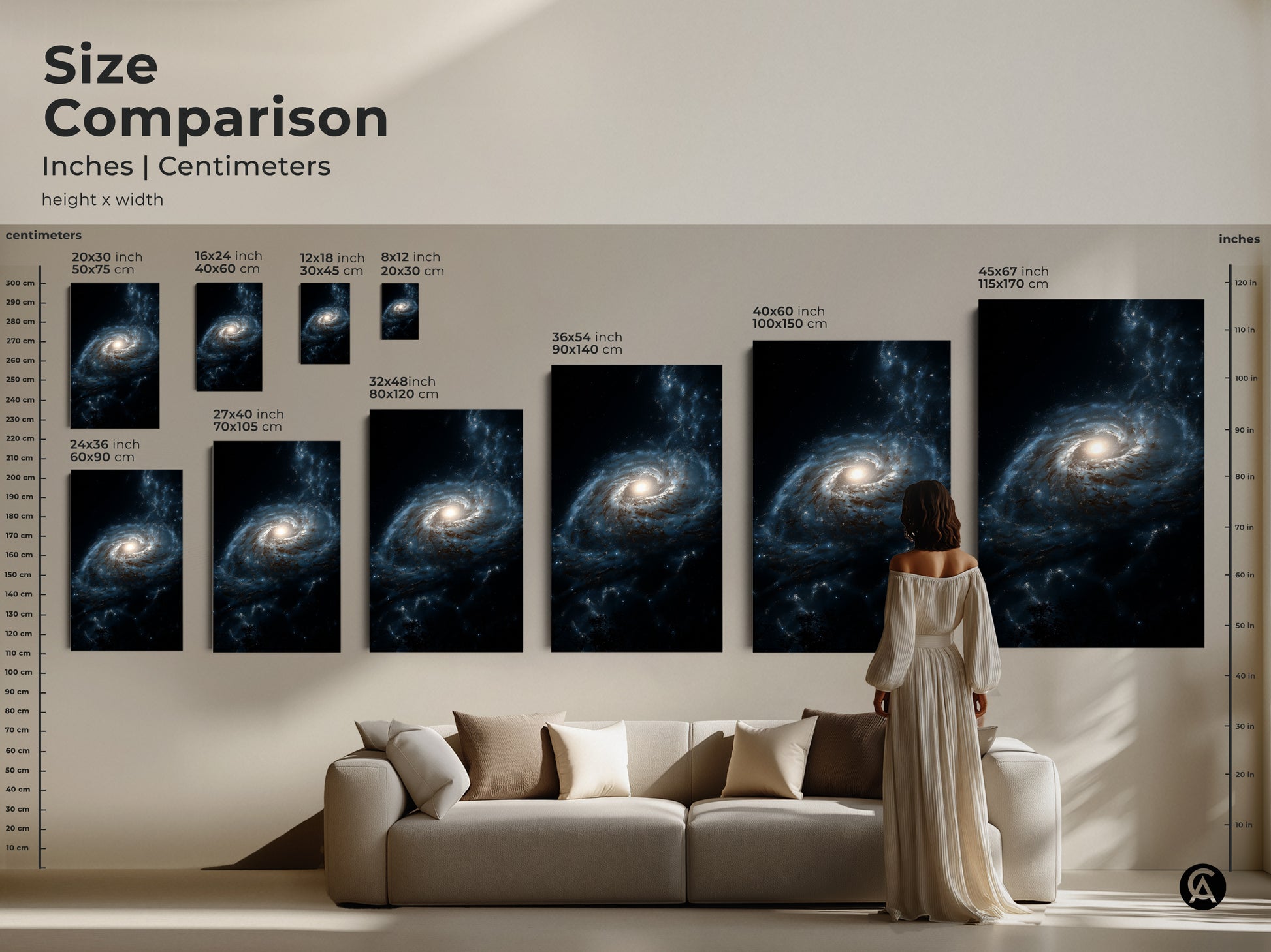 Size comparison of deep blue galaxy nebula art in inches and centimeters. See how this cosmic artwork fits above a sofa providing a sense of scale. Perfect for adding a contemporary touch to your home and a unique gift for space enthusiasts.