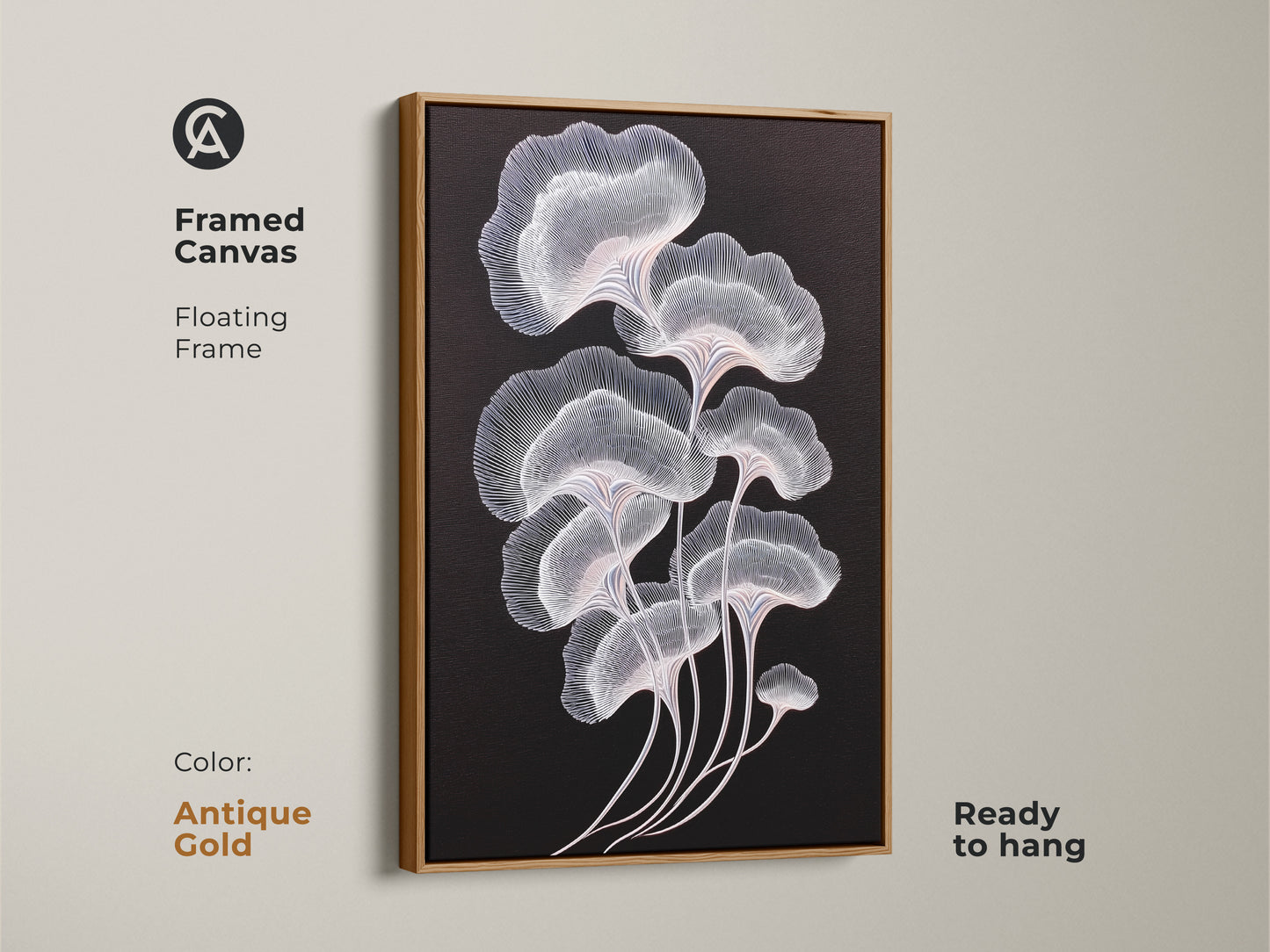 Ginkgo leaf artwork with an antique gold framed canvas. This minimalist art print adds a touch of elegance. Abstract botanical design featuring delicate white and pink lines. The canvas is ready to hang. Enhances contemporary decor.