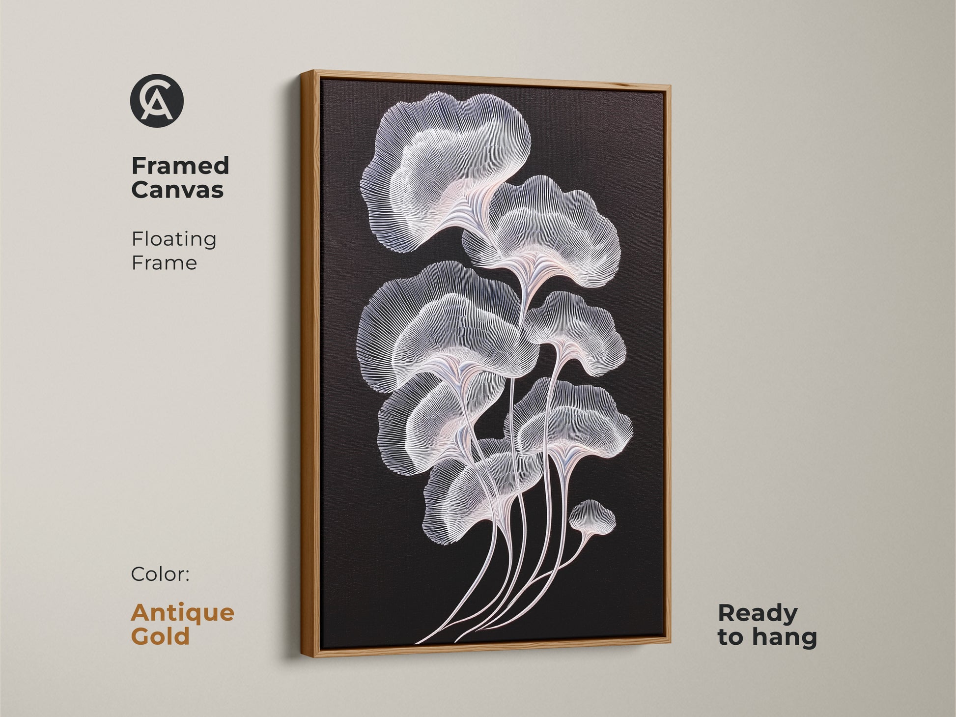 Ginkgo leaf artwork with an antique gold framed canvas. This minimalist art print adds a touch of elegance. Abstract botanical design featuring delicate white and pink lines. The canvas is ready to hang. Enhances contemporary decor.