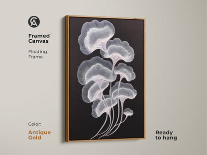 Ginkgo leaf artwork with an antique gold framed canvas. This minimalist art print adds a touch of elegance. Abstract botanical design featuring delicate white and pink lines. The canvas is ready to hang. Enhances contemporary decor.