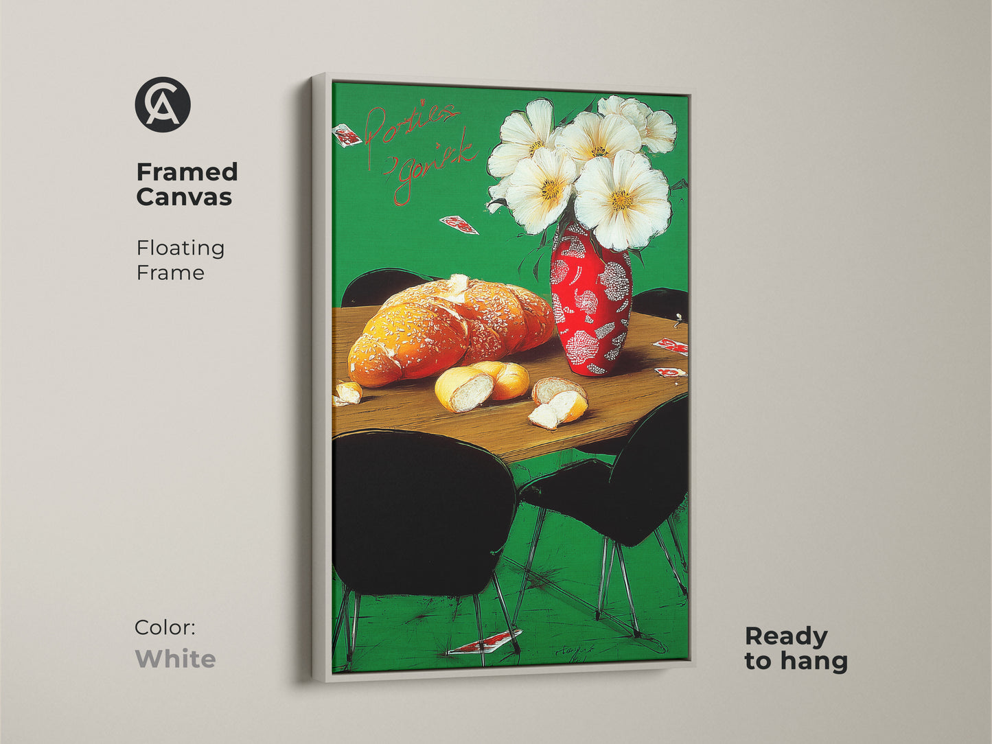A framed canvas art of a French bakery still life with a white floating frame. The artwork presents bread flowers in a red vase against a green background. The perfect housewarming gift art.
