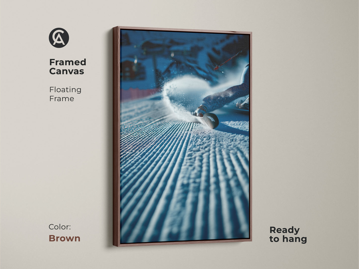 Framed canvas art print of a snowboarder in action. The floating frame is brown. It adds a touch of warmth to the piece. The artwork is ready to hang. It is ideal for creating a cozy yet dynamic atmosphere. Purchase now.