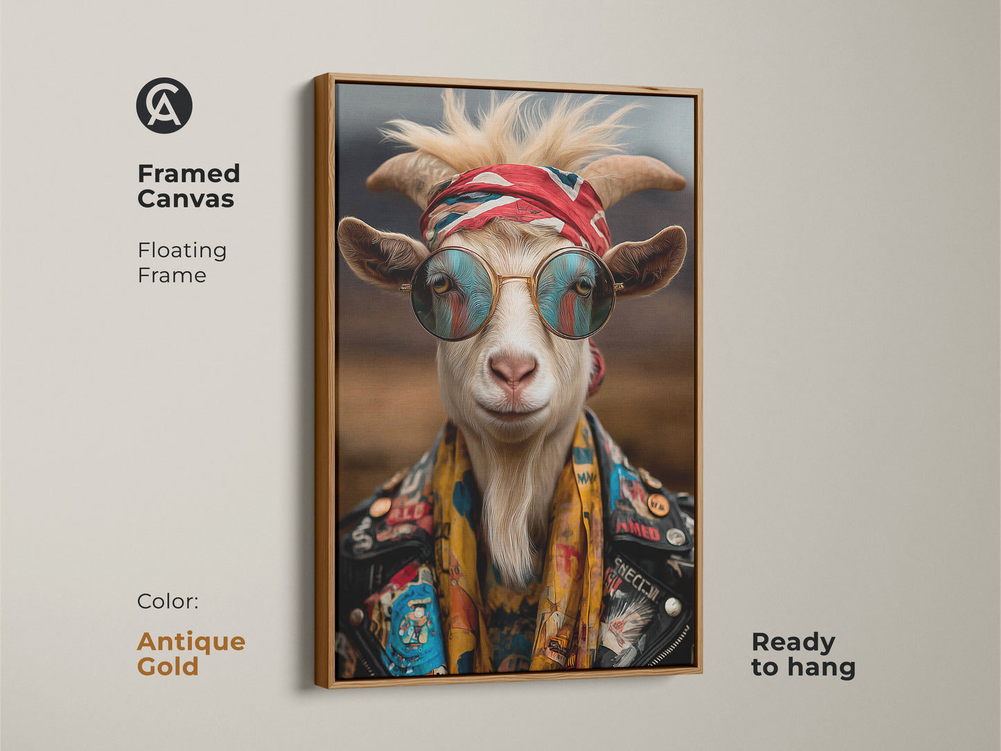 Antique gold framed canvas art print of a cool goat. Bohemian animal artwork with a rockstar vibe. The goat wears sunglasses bandana and leather jacket for unique home decor.