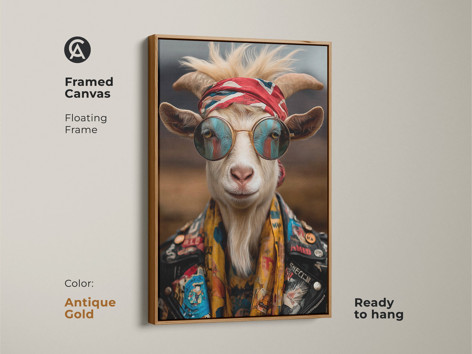 Antique gold framed canvas art print of a cool goat. Bohemian animal artwork with a rockstar vibe. The goat wears sunglasses bandana and leather jacket for unique home decor.