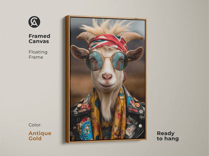 Antique gold framed canvas art print of a cool goat. Bohemian animal artwork with a rockstar vibe. The goat wears sunglasses bandana and leather jacket for unique home decor.