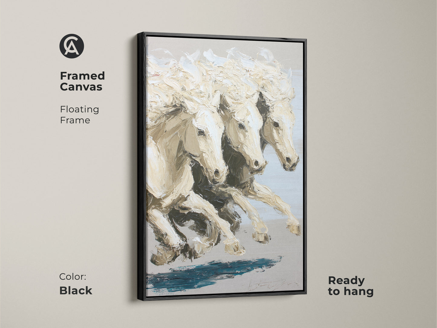 Framed canvas featuring galloping white horses art with a black floating frame. This ready to hang equestrian wall decor offers a modern animal wall decor option. The impressionistic horse canvas adds an elegant touch to any space. The black frame enhances the contemporary equine artwork.