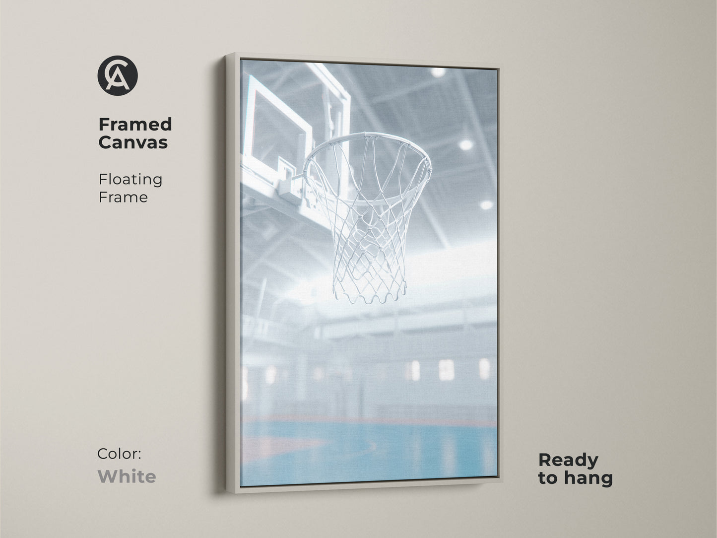 This framed canvas art features a basketball hoop. It has a floating frame in white. The artwork is ready to hang. It brings a clean athletic aesthetic to your decor. The white frame offers a minimalist look. This is a perfect addition to your home.
