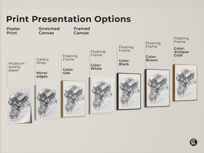 Presentation options for automotive engine blueprint artwork. This technical drawing comes as a poster print stretched canvas or framed canvas. Choose from museum quality paper or a gallery wrap. Frame colors include oak white black brown and antique gold.